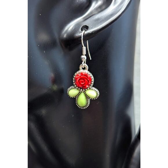 Vintage Rose and Leaves Earrings, Red/Green, Dangle, Fishhook, UV Reactive Glow - Picture 1 of 4
